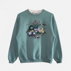 Bobbie Brooks Teal Green Floral Embroidered Crewneck Sweatshirt